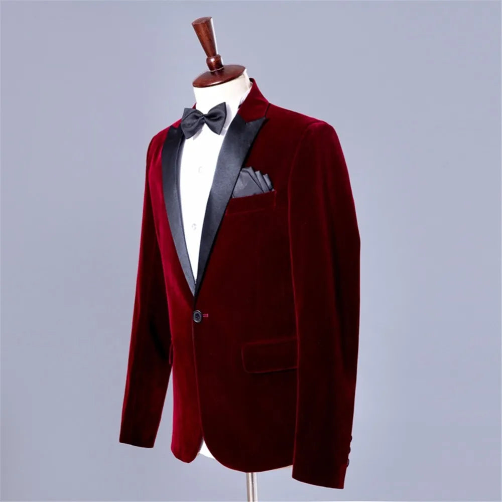 Luxury Men's Blazer Single Breasted Black Peak Lapel Regular Length One Piece Jacket Velvet Wedding Suits High Quality Slim Fit