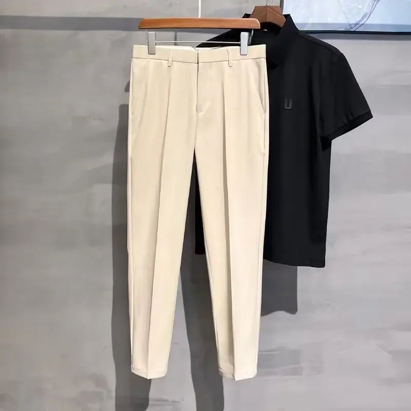 2023 Summer New Men's Cropped Pants Korean Style Trendy Casual Slim Fit Suit Pants Lightweight Smooth Out Your Silhouette