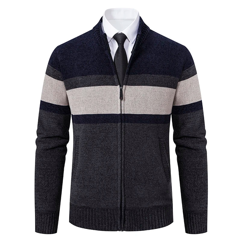 Men's New Winter Sweater Thick Fleece Warm Sweater Casual Stand Collar Zipper Cardigan Fashion Striped Coat