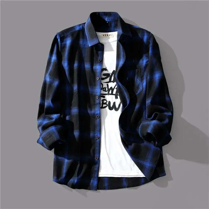 Trendy Black White Plaid Shirt Men's Korean Style Loose Fit Casual Long Sleeve Top Jacket Fashionable Spring Autumn