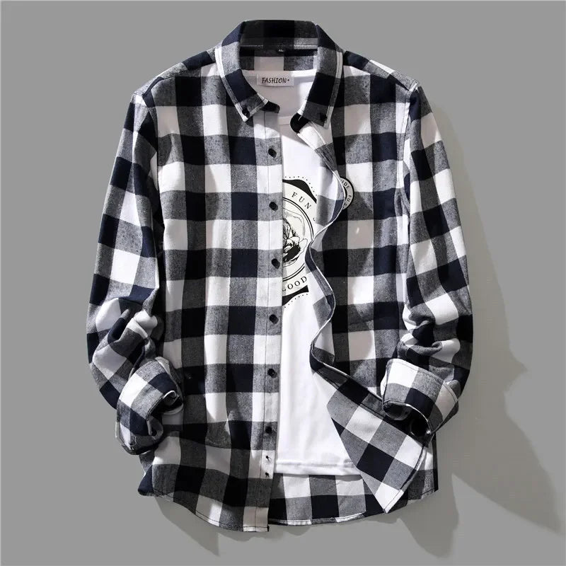 Trendy Black White Plaid Shirt Men's Korean Style Loose Fit Casual Long Sleeve Top Jacket Fashionable Spring Autumn