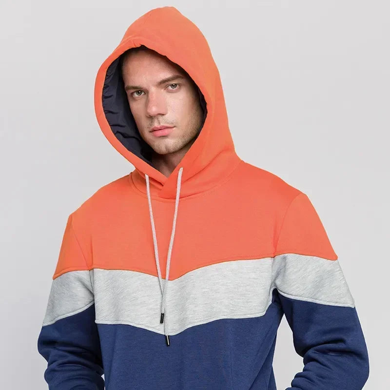 Men's Patchwork Hooded Sweatshirt Hoodies Clothing Casual Loose Fleece Warm Streetwear Male Fashion Autumn Winter Sports Outwear