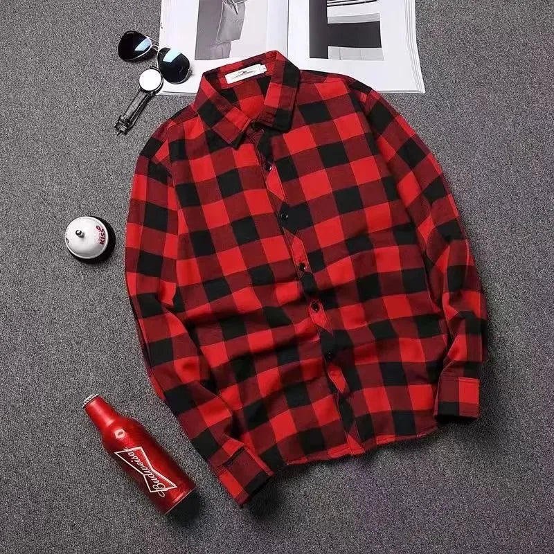 Trendy Black White Plaid Shirt Men's Korean Style Loose Fit Casual Long Sleeve Top Jacket Fashionable Spring Autumn